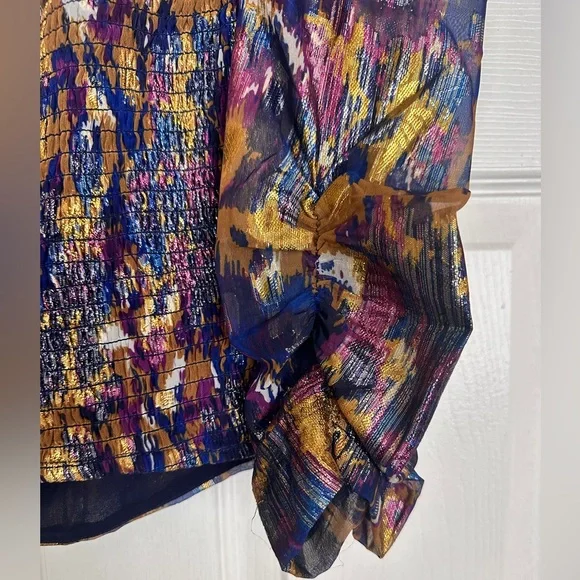 Mango One-Shoulder Fitted Blue, Purple and Gold Party Blouse - Picture 7 of 11
